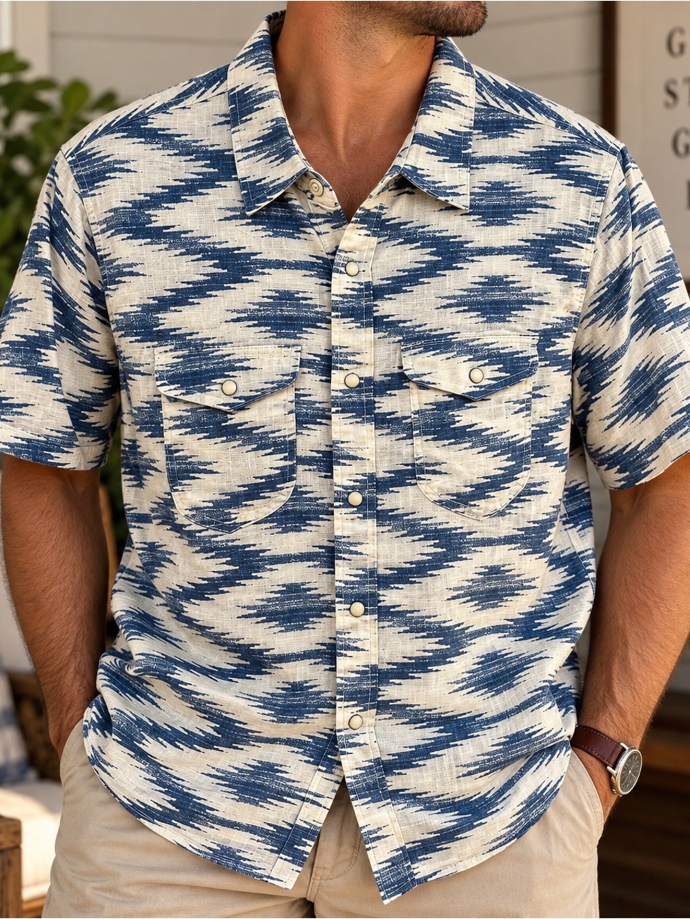Small | Lucky Brand | Blue Cream Ikat Western Snap Short Sleeve Shirt NWOT